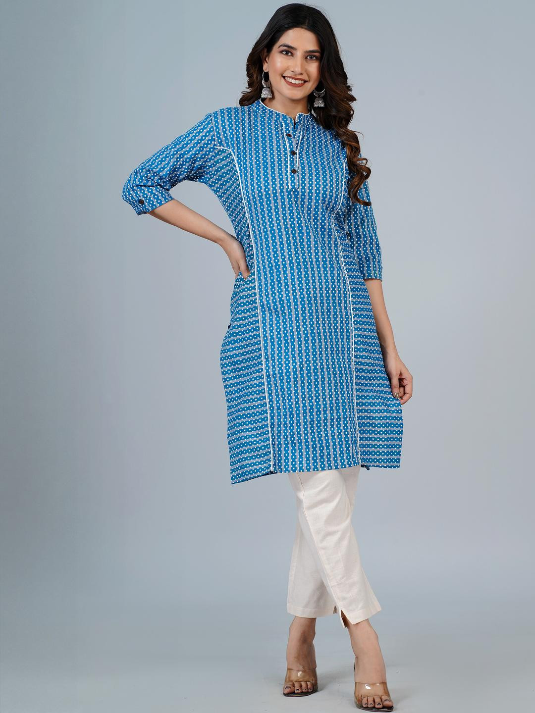 Indiwest Striped Printed Mandarin Collar Straight Kurta