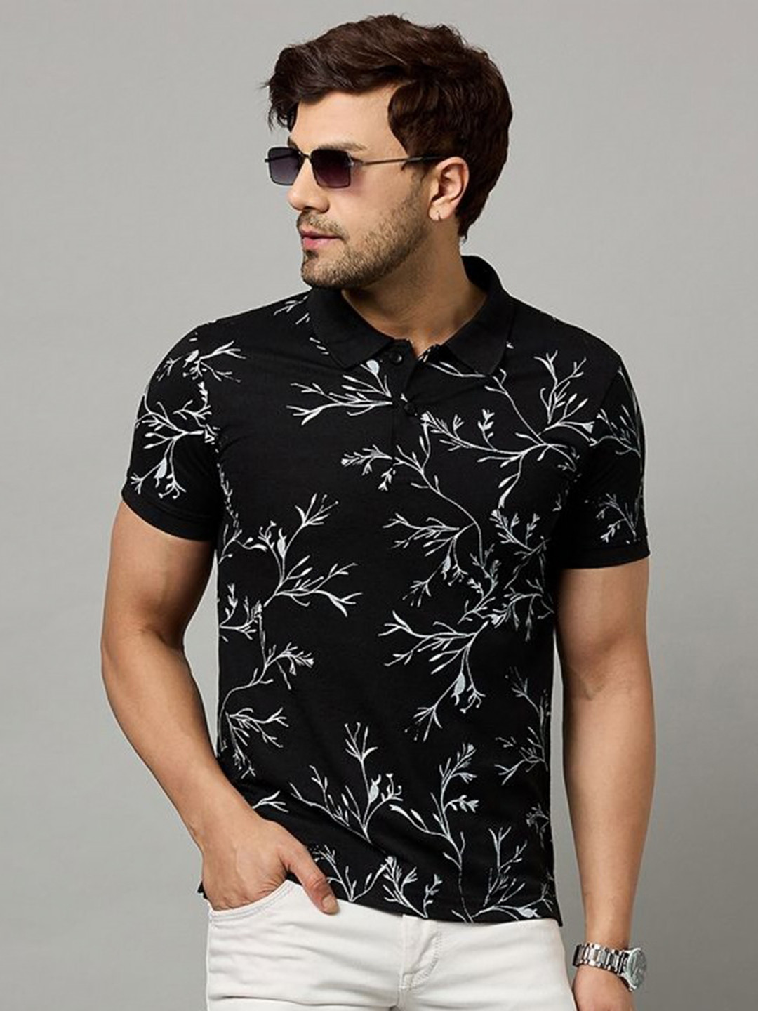 Zigo Leaf Printed Polo Collar Short Sleeves Casual T-shirt