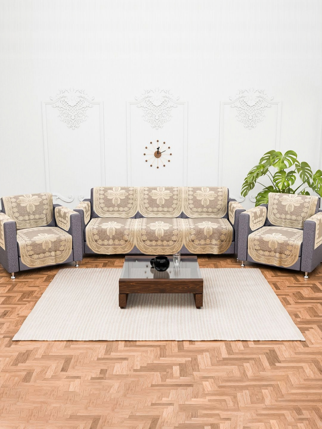 RUBOXA Cream-Coloured 16 Pieces Self Design Cotton 5 Seater Sofa Cover With Arms