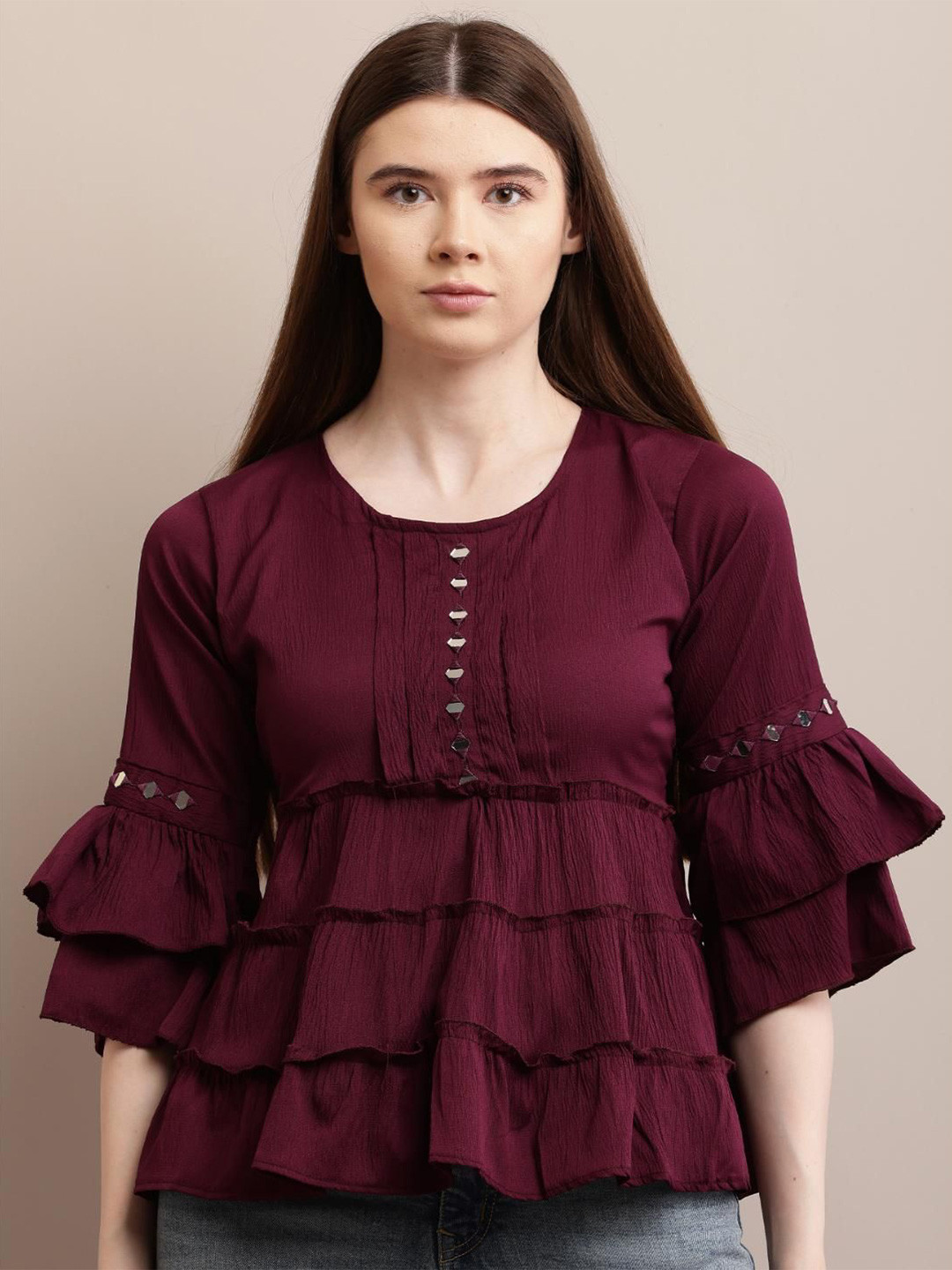 69 FASHION STREET Women Self Design Flared Sleeves Ruffles Georgette Tiered Peplum Top