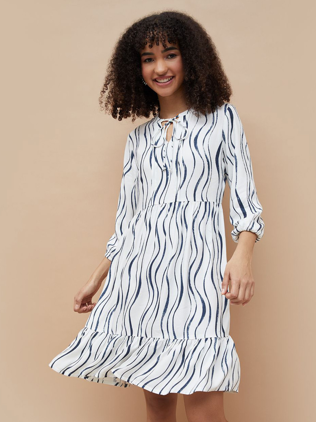 Fame Forever by Lifestyle Women Abstract Printed Tie-Up Neck Puff Sleeve A-Line Dress