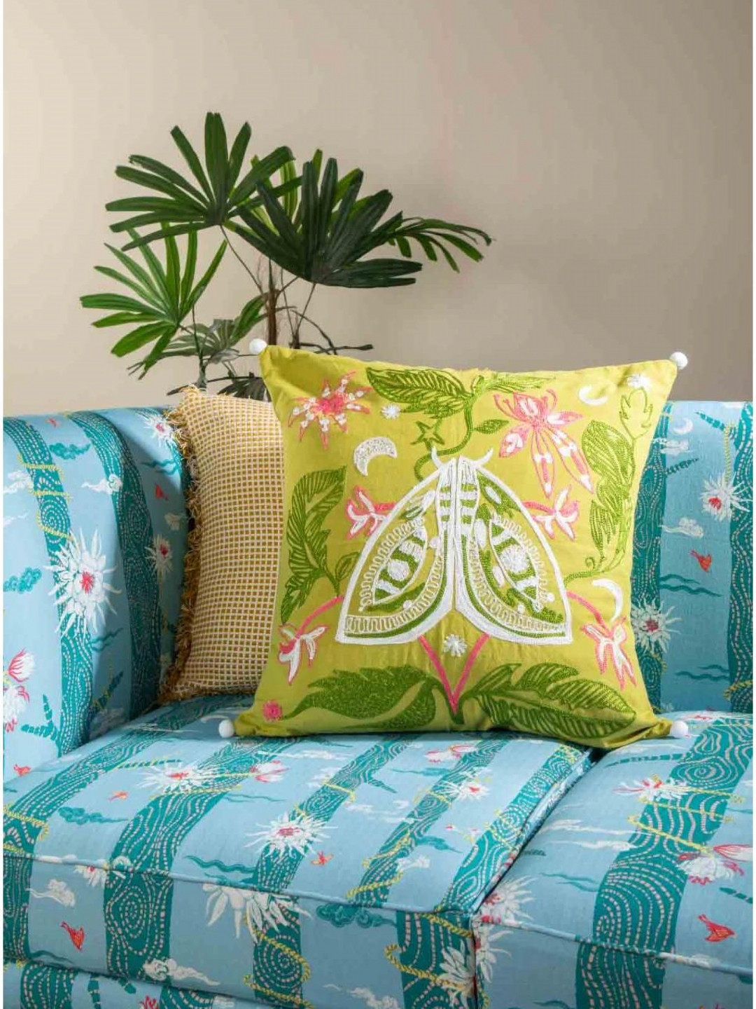 FREEDOM TREE Moon Flyers Lime Green & White Printed Pure Cotton Square Cushion Cover