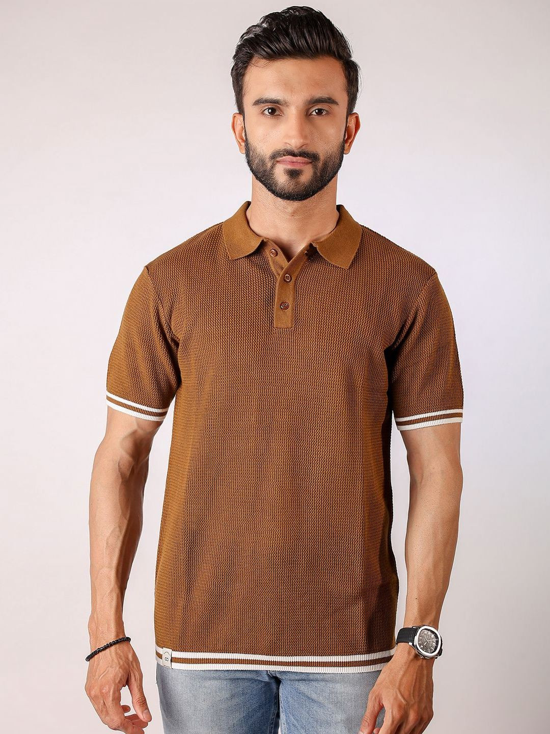 Loopers Self Design Polo Collar Cotton T-shirt