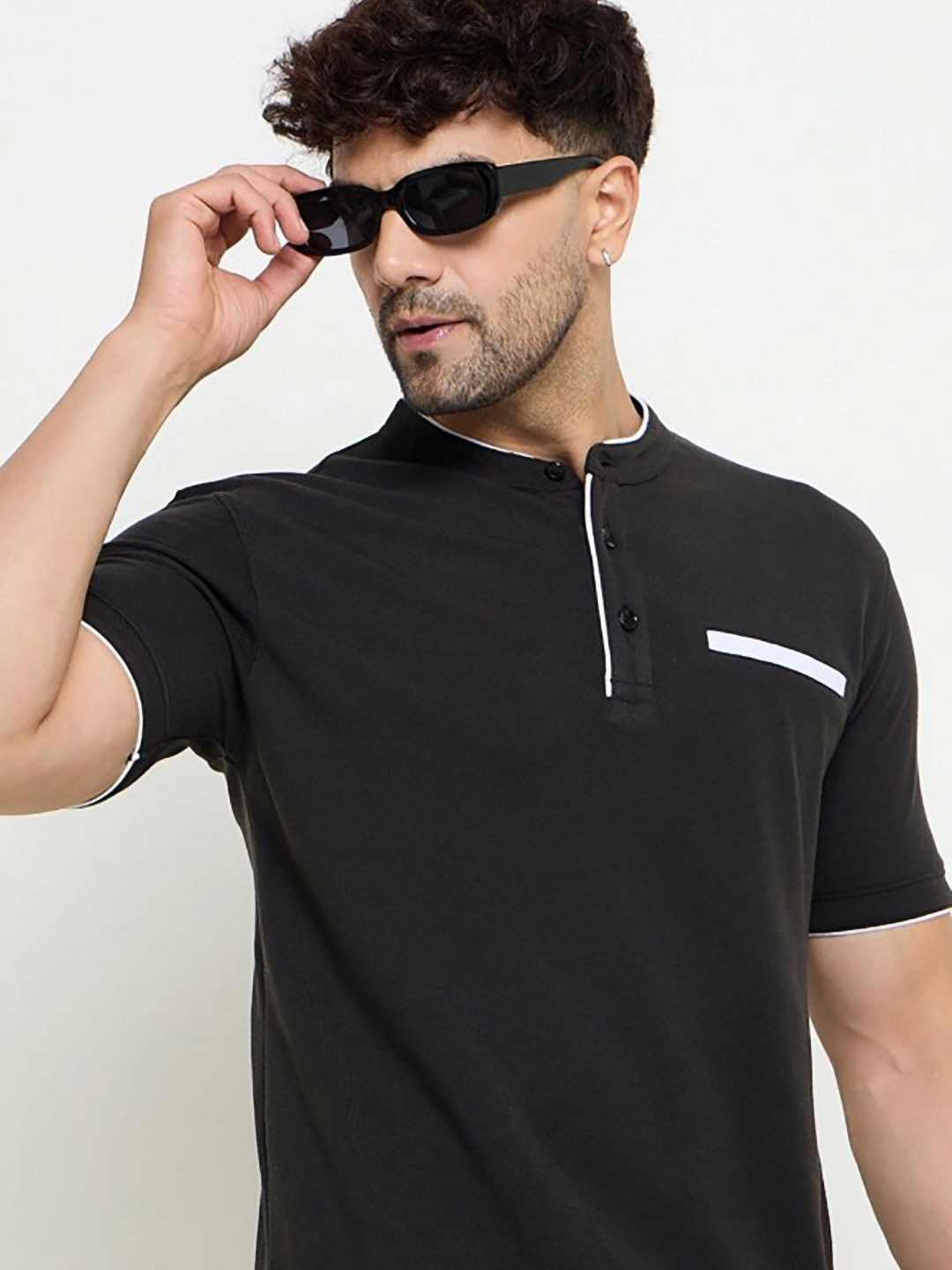 Zigo Band Collar Short Sleeves Casual T-shirt