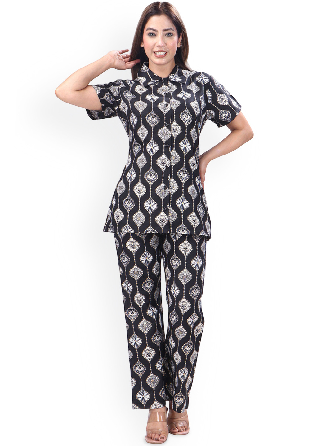 CLINT Printed Mandarin Collar Short Sleeves Top With Trouser Co-Ords