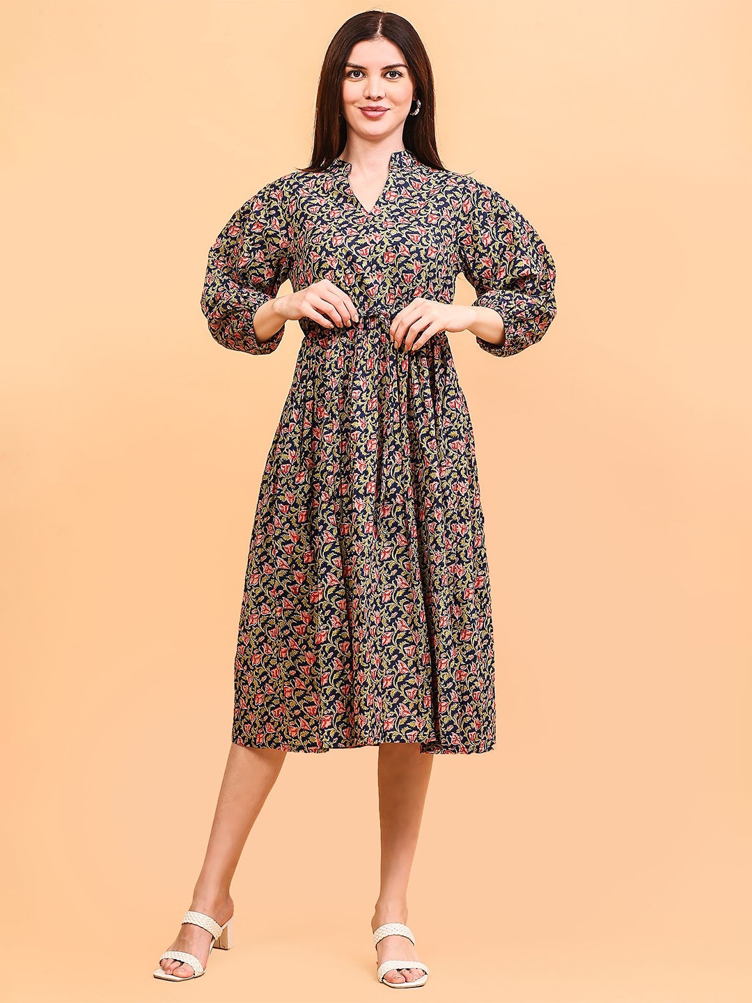 AKANYA Women Bishop Sleeves Cotton Fit and Flare Midi Dress