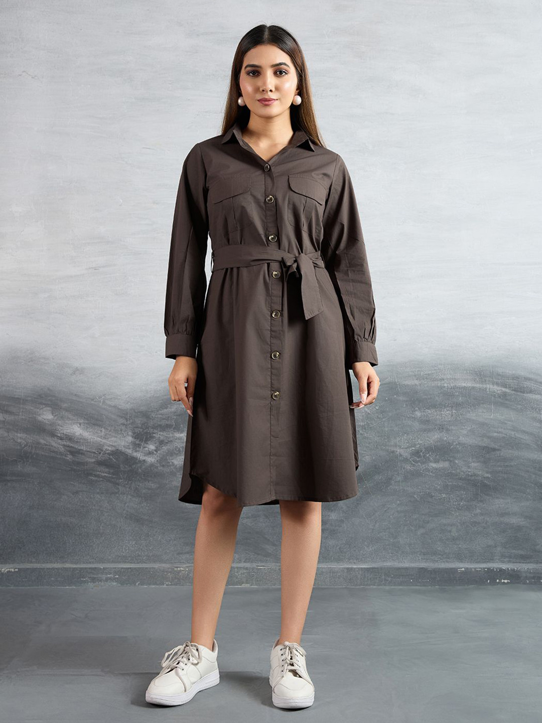 P D Silk Mills Women Solid Cotton Shirt Dress Comes with A Belt