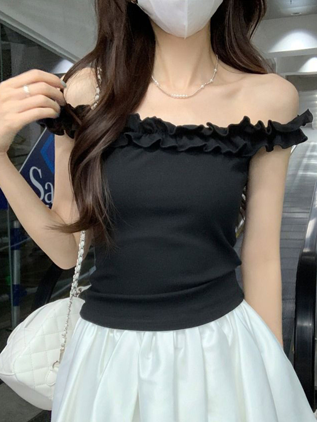 StyleCast x Revolte Ruffles Off-Shoulder Fitted Crop Top