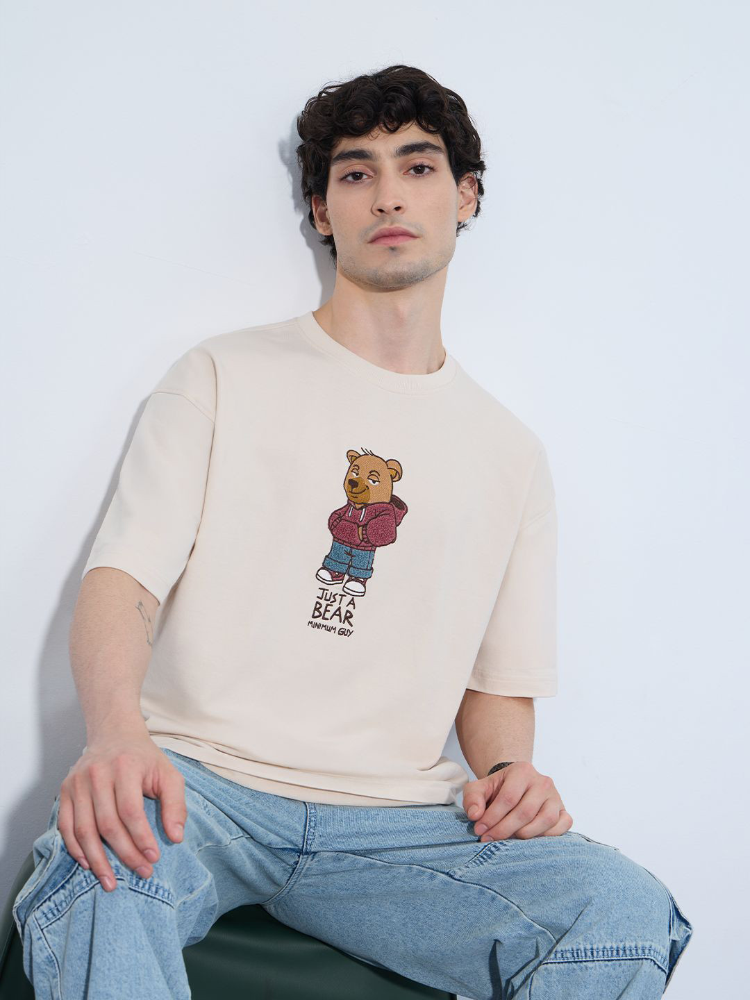 The Souled Store Oversized Bear Minimum Graphic Printed Pure Cotton T-Shirt