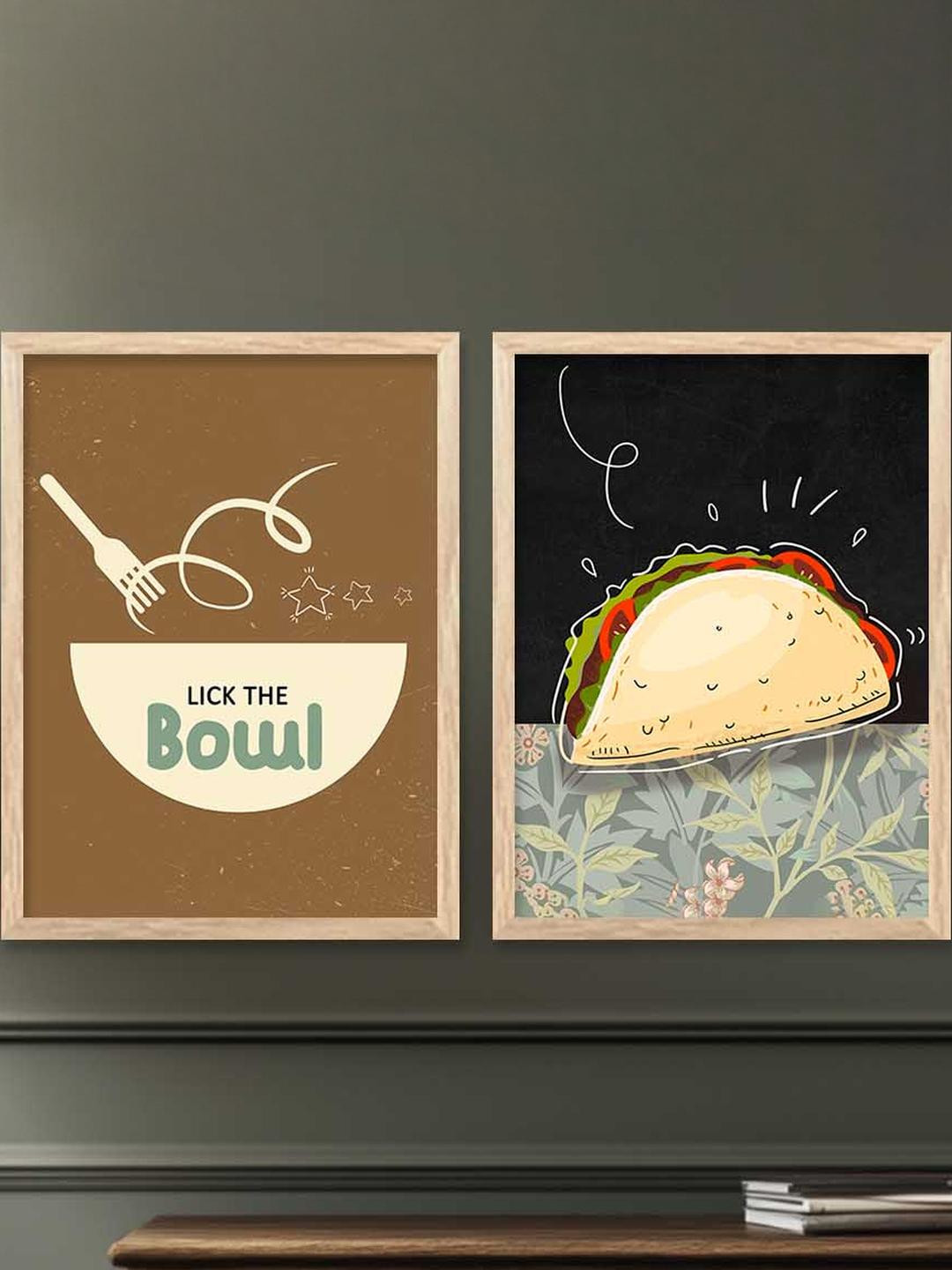 WALLLANE Set of 2 Brown Wood Restaurant Wall Paintings With Frame