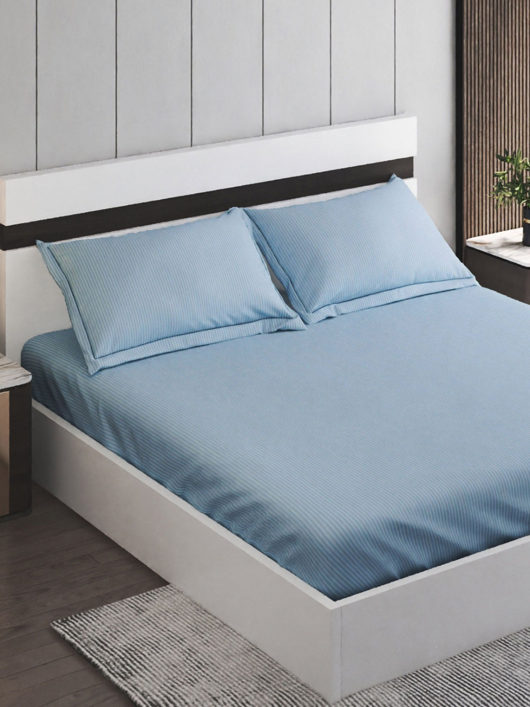 Home Centre Juniper Blue Striped Queen Bedsheet Set 2.40m x 2.20m