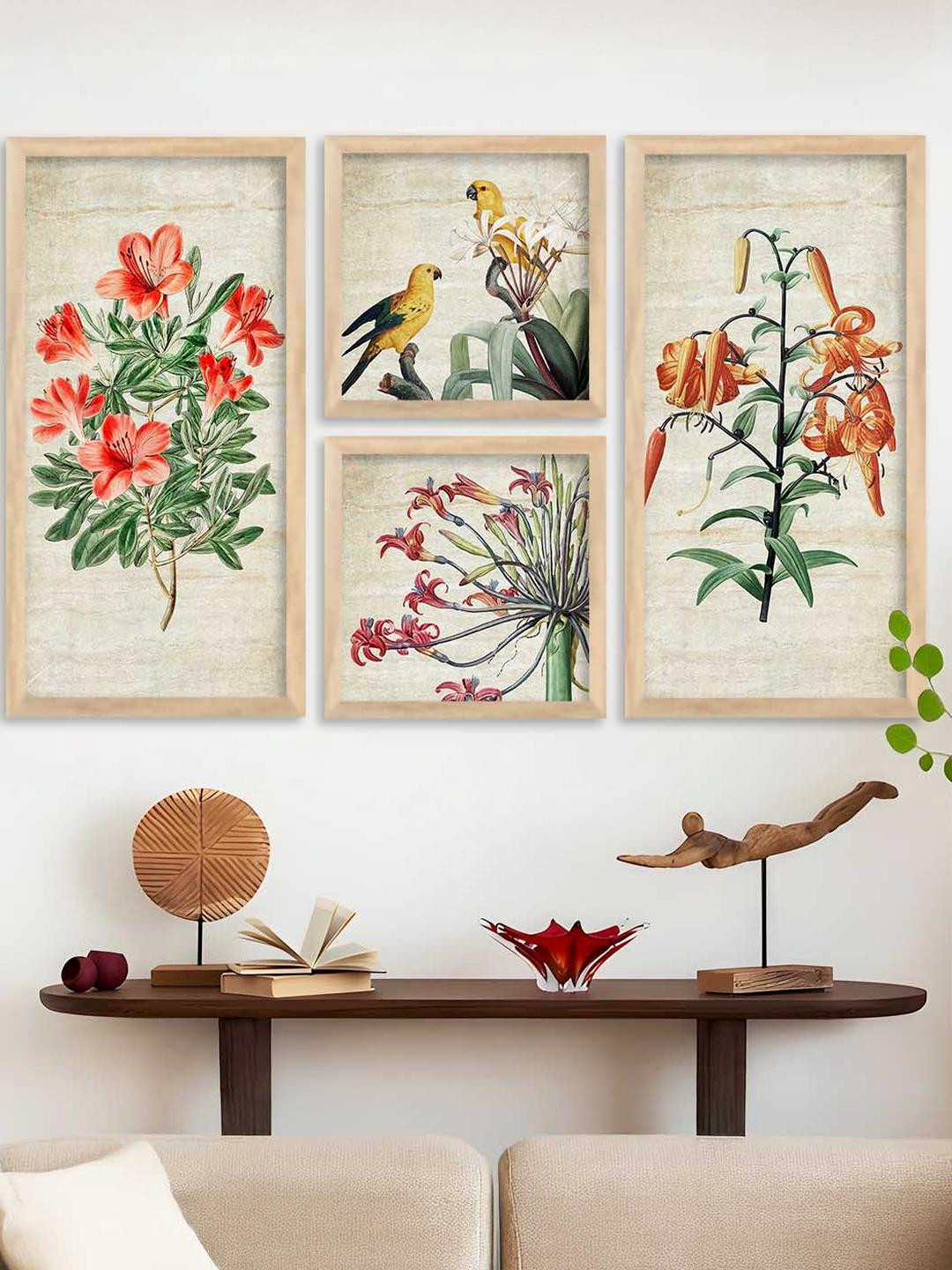 WALLLANE Multicoloured Set of 4 Wood Floral and Botanical Wall Paintings