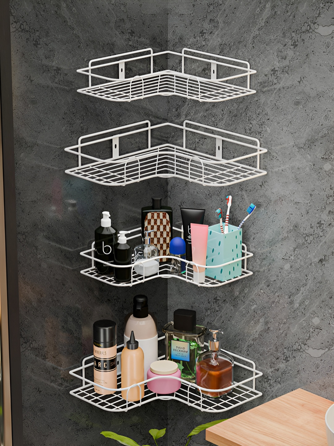 RUBOXA 4 Pieces White Metal Self Adhesive Bathroom Organiser Rack with Drill Screws