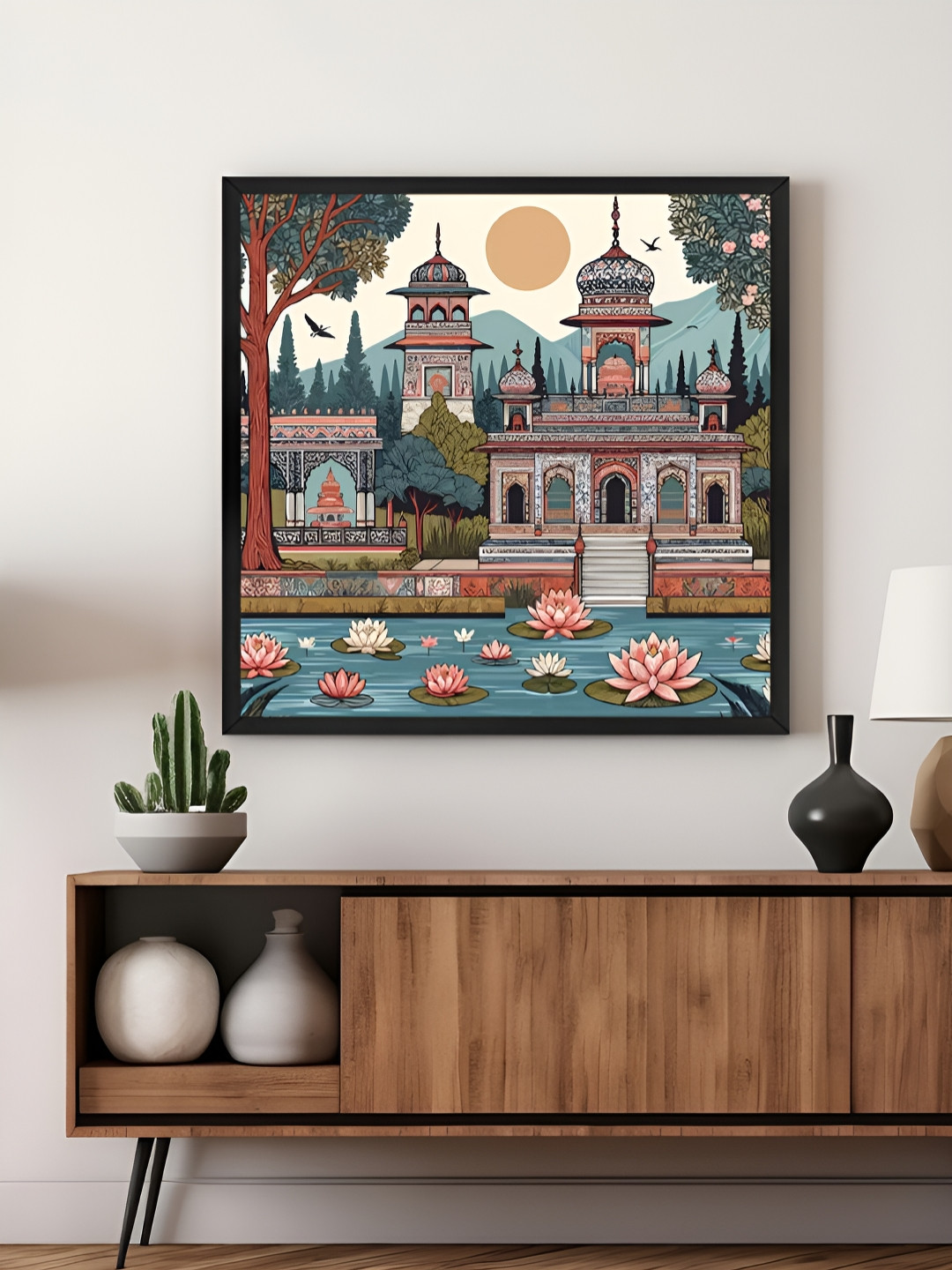 999Store Blue & Pink Indian Art Raj Mahal With Garden And Lotus Canvas Painting Wall Art