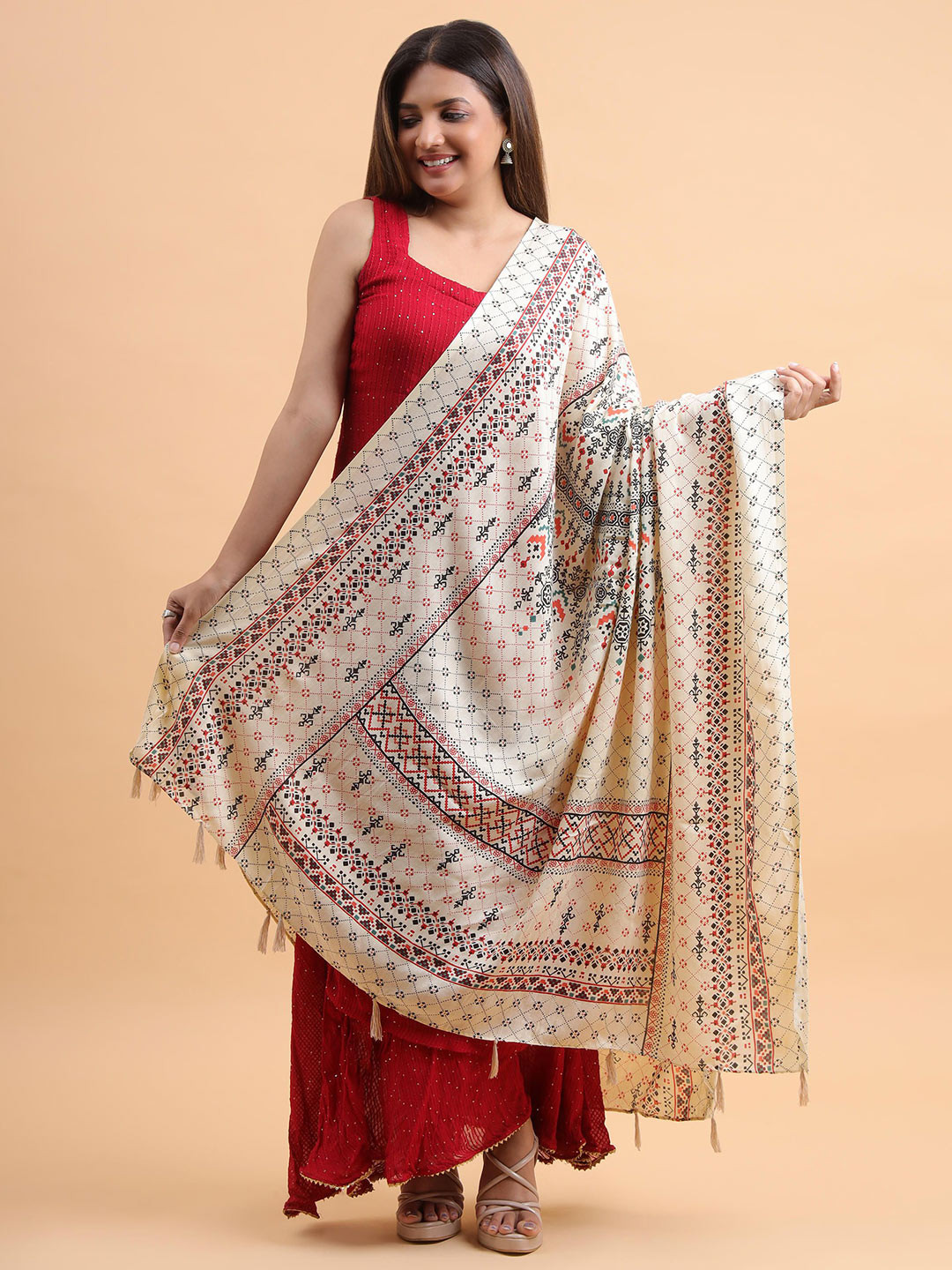 Moda Chales Rustic Lattice Folk Ethnic Motifs Printed Pure Cotton Dupatta
