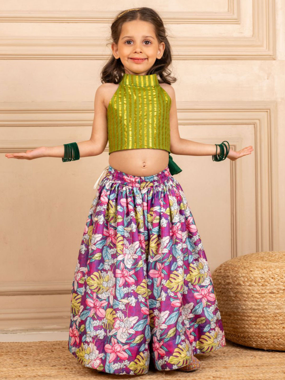 Jilmil Girls Halter Neck Sleeveless Top With Lehenga