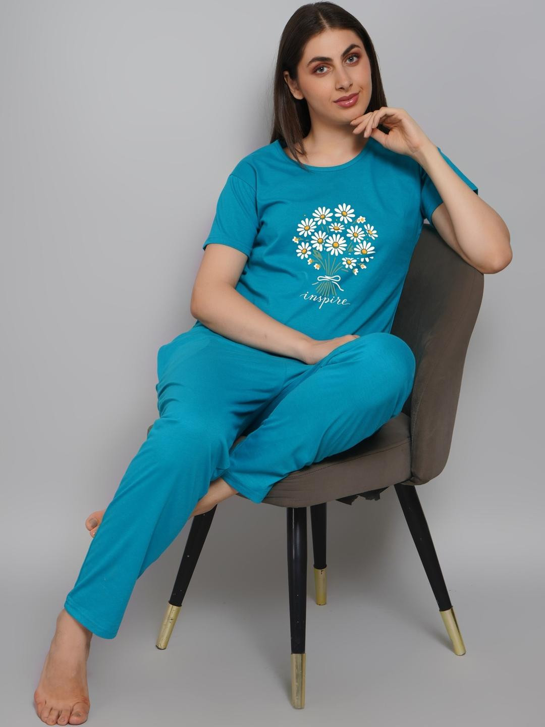 FITIN OUTFIT Teal Blue Women Floral Printed Night suit