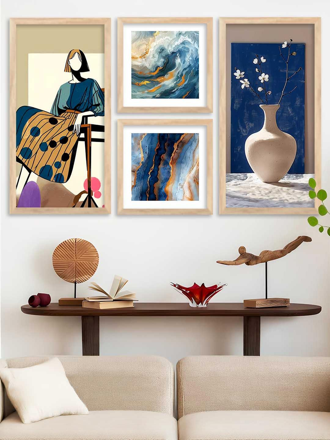 WALLLANE Set of 4 Brown Modern Wall Art Poster With Frame