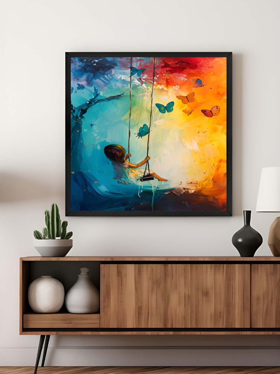 999Store Blue & Orange Child On Swing Canvas Wall Art