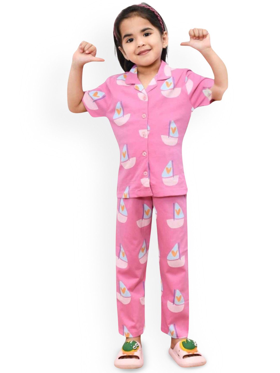 Lagorii Girls Graphic Printed Lapel Collar Regular Night suit