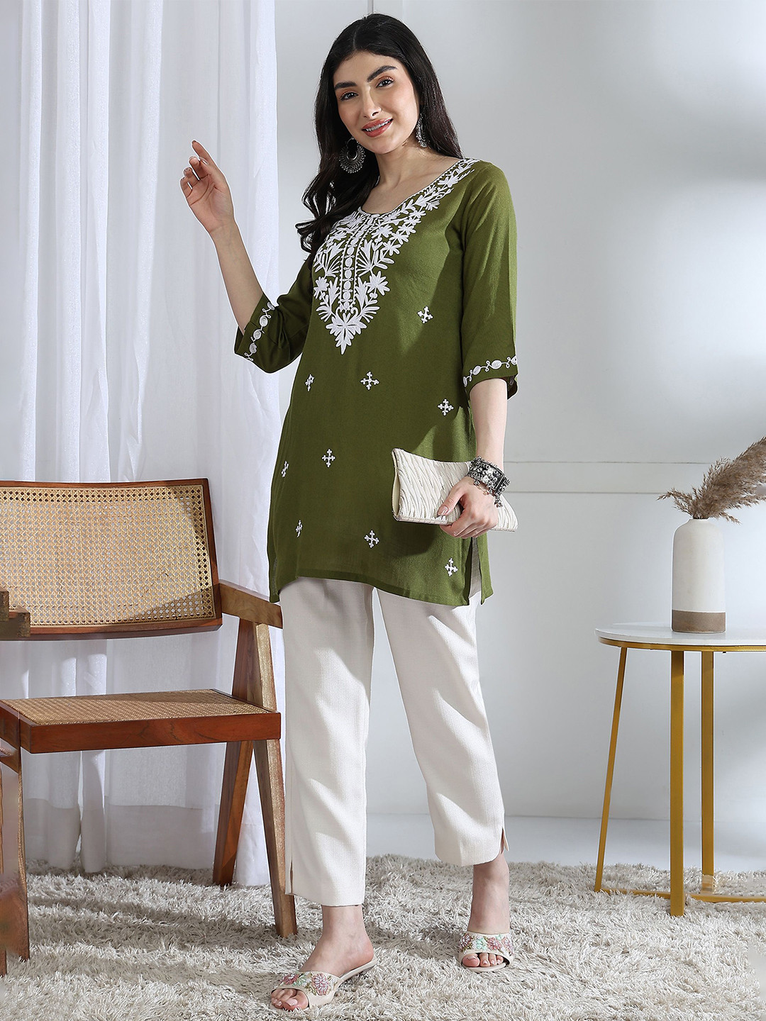 House of Pataudi Embroidered Short Kurti With Three Quarter Sleeves