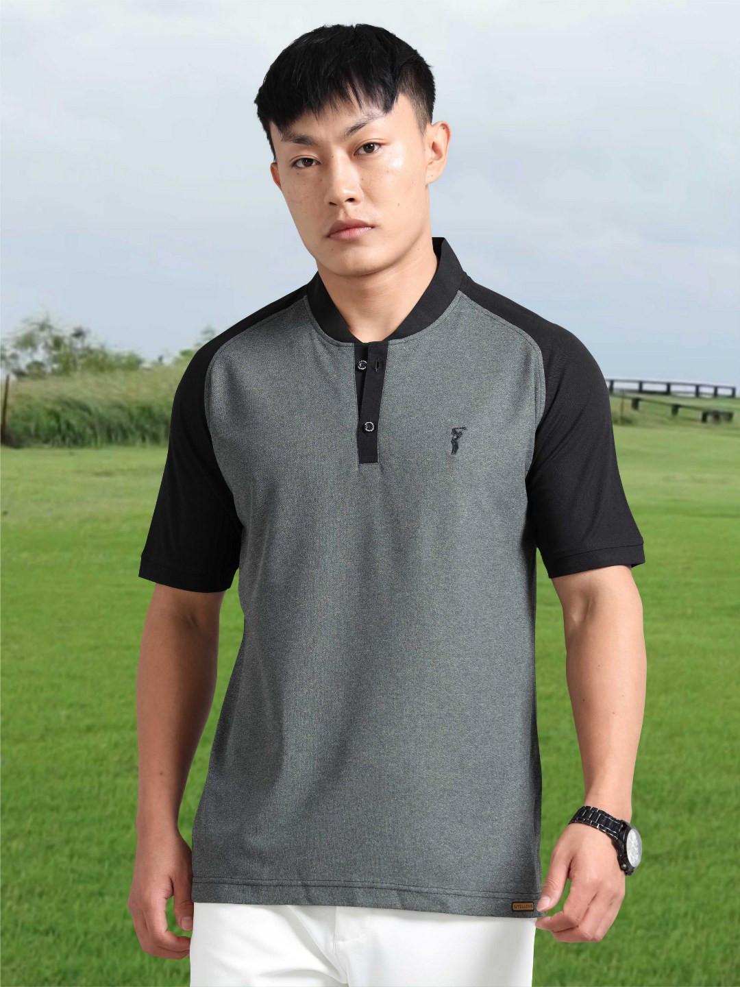 STELLERS Men Anti Odour Colourblocked Mandarin Collar T-shirt