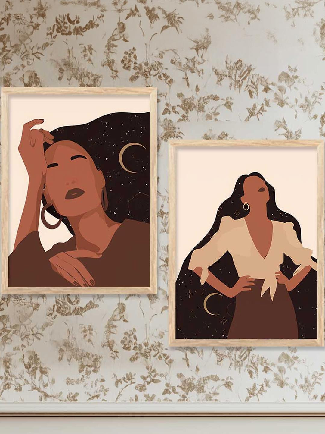 WALLLANE Brown 2 Piece Modern Wall Art Poster With Wooden Frame Wall Paintings