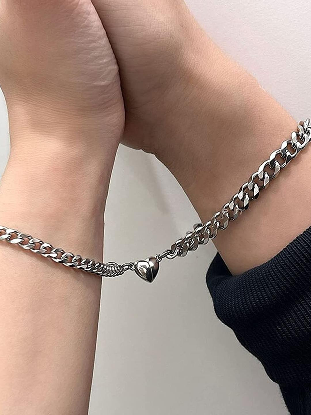 Inites Silver Plated Broken Heart Magnetic Link Bracelet