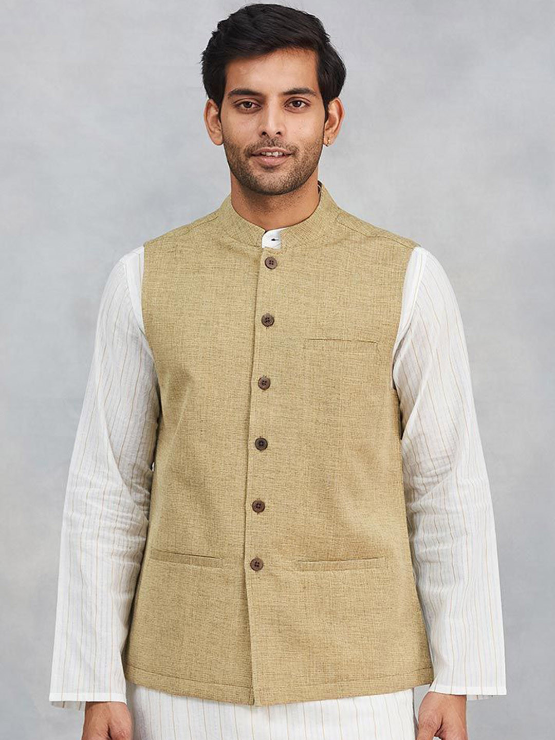 Fabindia Woven-Design Cotton Chinese Collar Nehru Jacket