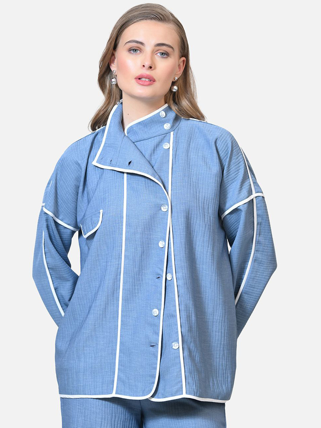 OFFICE & YOU Women Mock Collar Self Design Casual Tailored Jacket