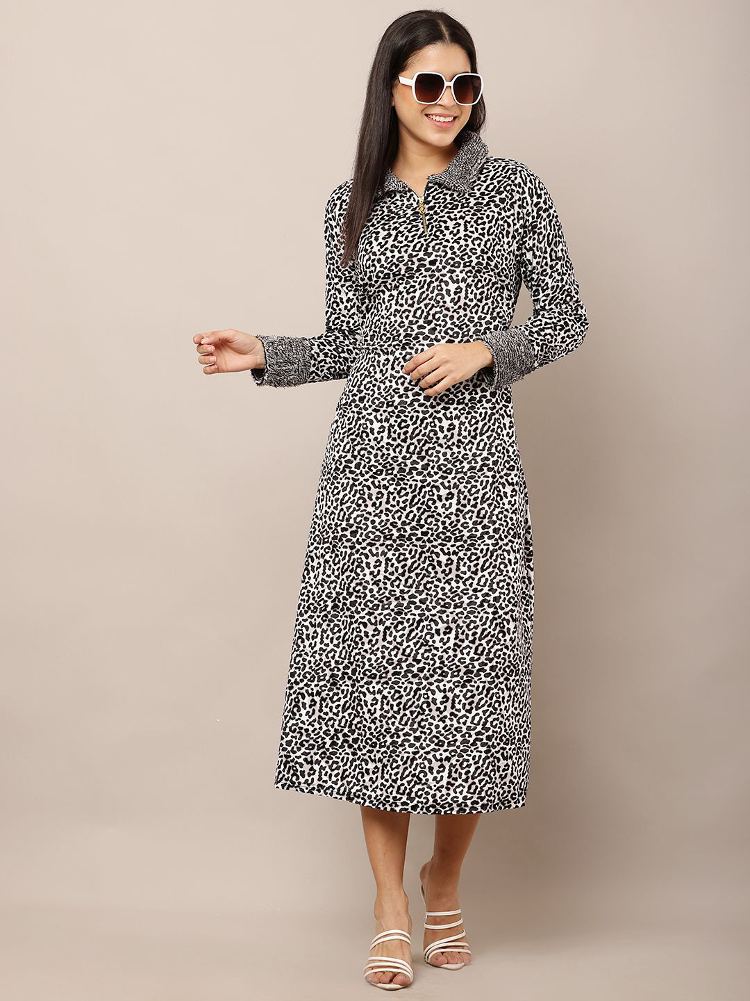 Raabta Fashion Women Animal Print Velvet Formal Fit & Flare Midi Dress