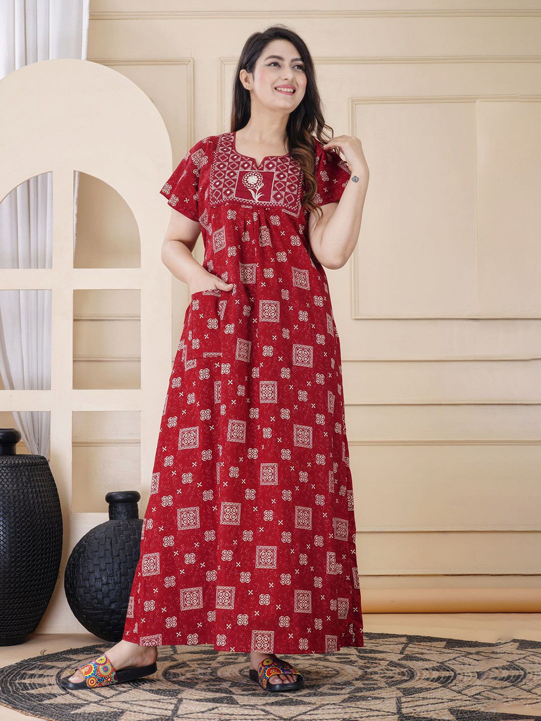 Serenita Women Printed Round Neck Pure Cotton Maxi Nightdress