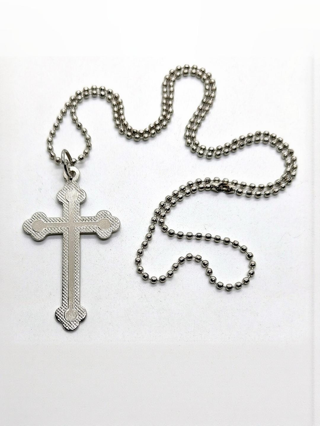 Dynamic Retail Global Men's Silver Pleated Cross Pendant Steel Ball Chain
