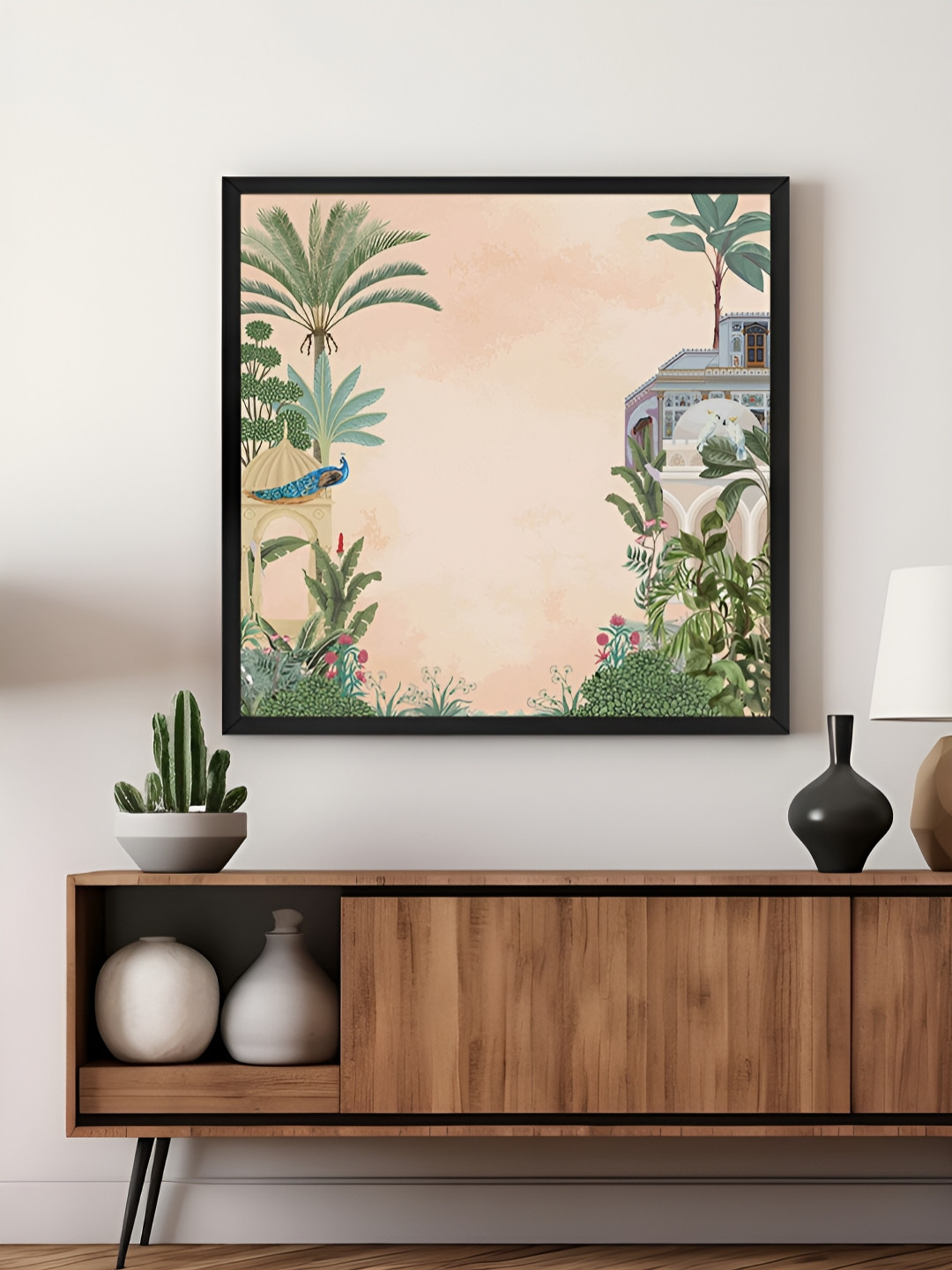 999Store Green & Beige Traditional Indian Garden Art Canvas Painting Wall Art