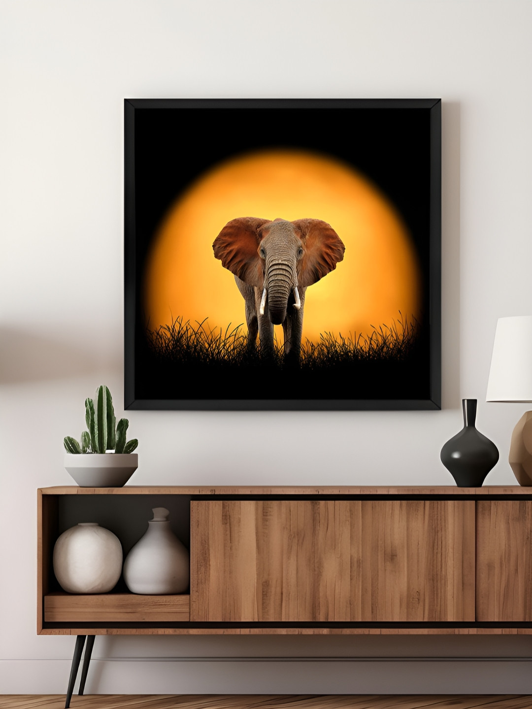 999Store Black & Orange Colored Sunset Elephant Printed Canvas Wall Art