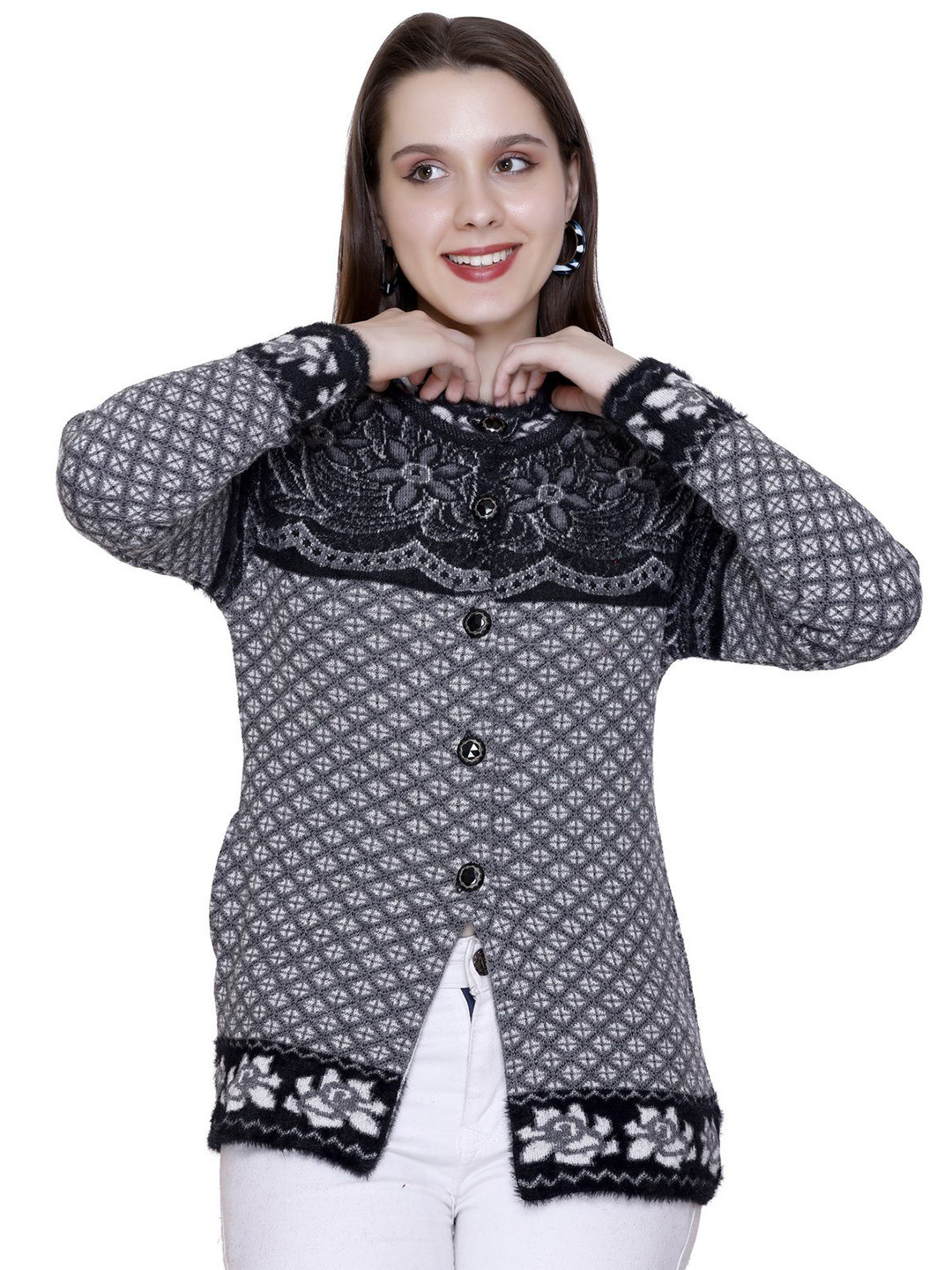 Chatanya Women Self Design Button Detail Long Sleeves Cardigan