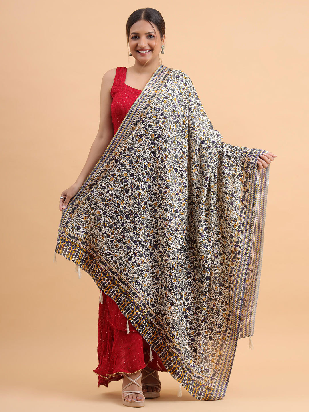 Moda Chales Saffron Twilight Floral Printed Pure Cotton Dupatta