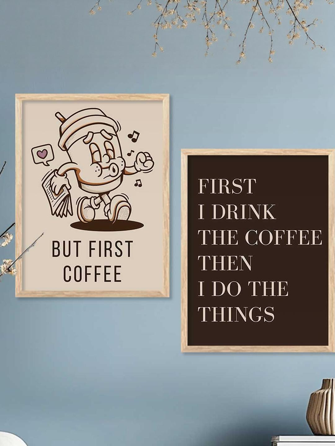 WALLLANE Brown 2 Piece Wood Restaurant Wall Art Poster With Frame Wall Paintings