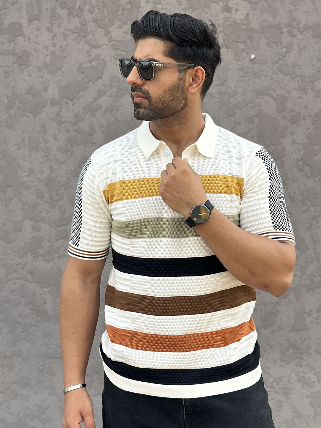 Raimbera Men Striped Polo Collar Cotton Slim Fit T-shirt