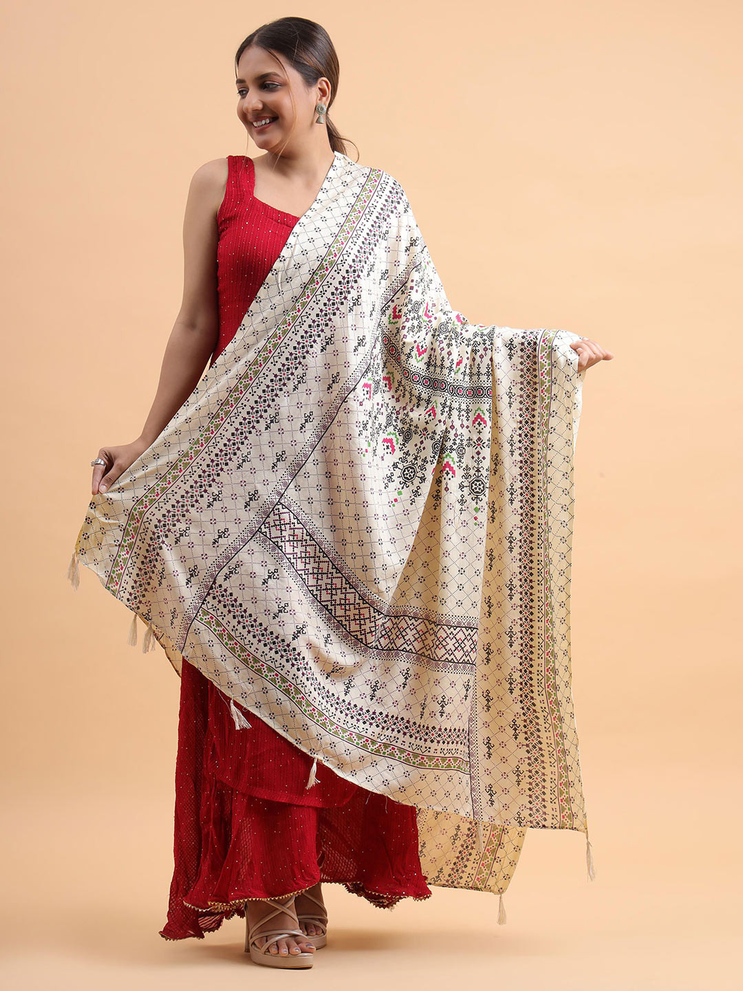 Moda Chales Meadow Mosaic Ethnic Motifs Handblock Printed Pure Cotton Dupatta