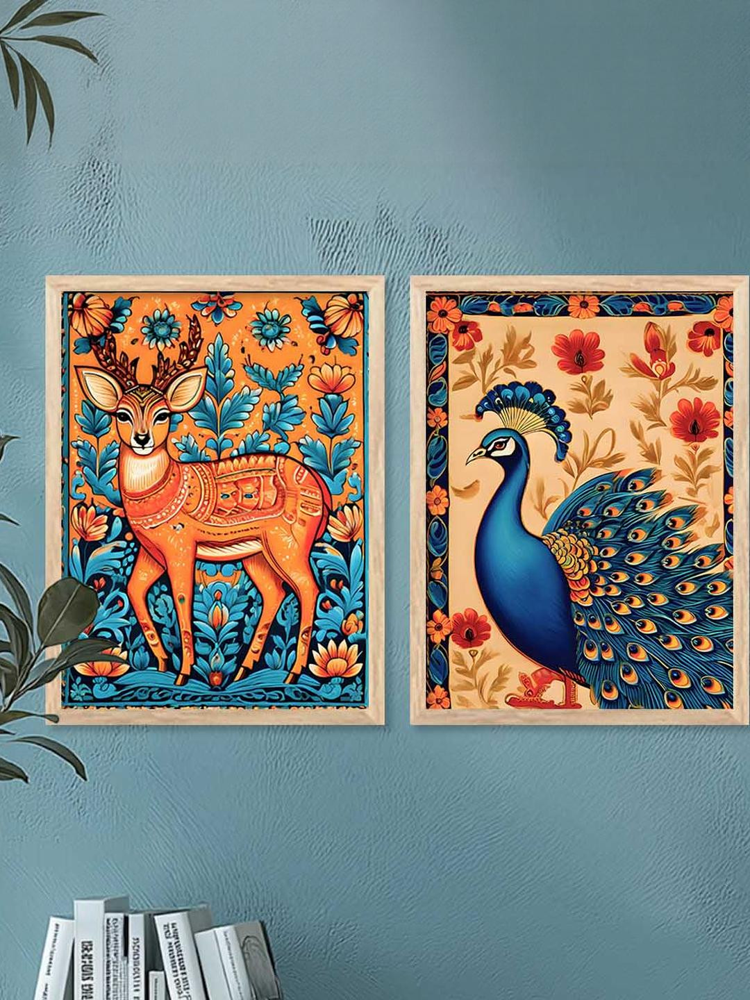 WALLLANE Deer & Peacock Wall Paintings 2 Piece