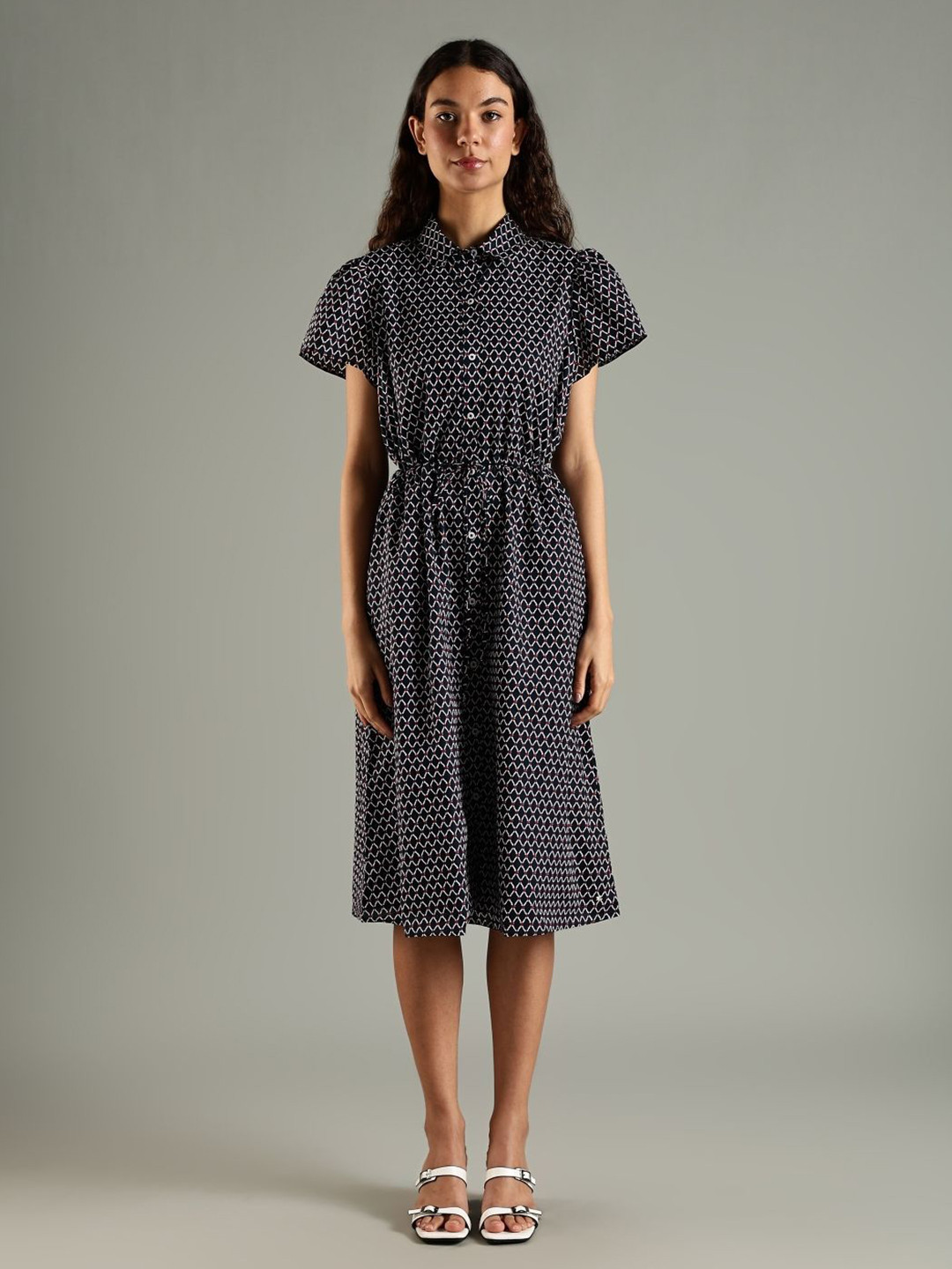 Tommy Hilfiger Usa Women Geometric Print Shirt Collar Cotton Shirt Dress