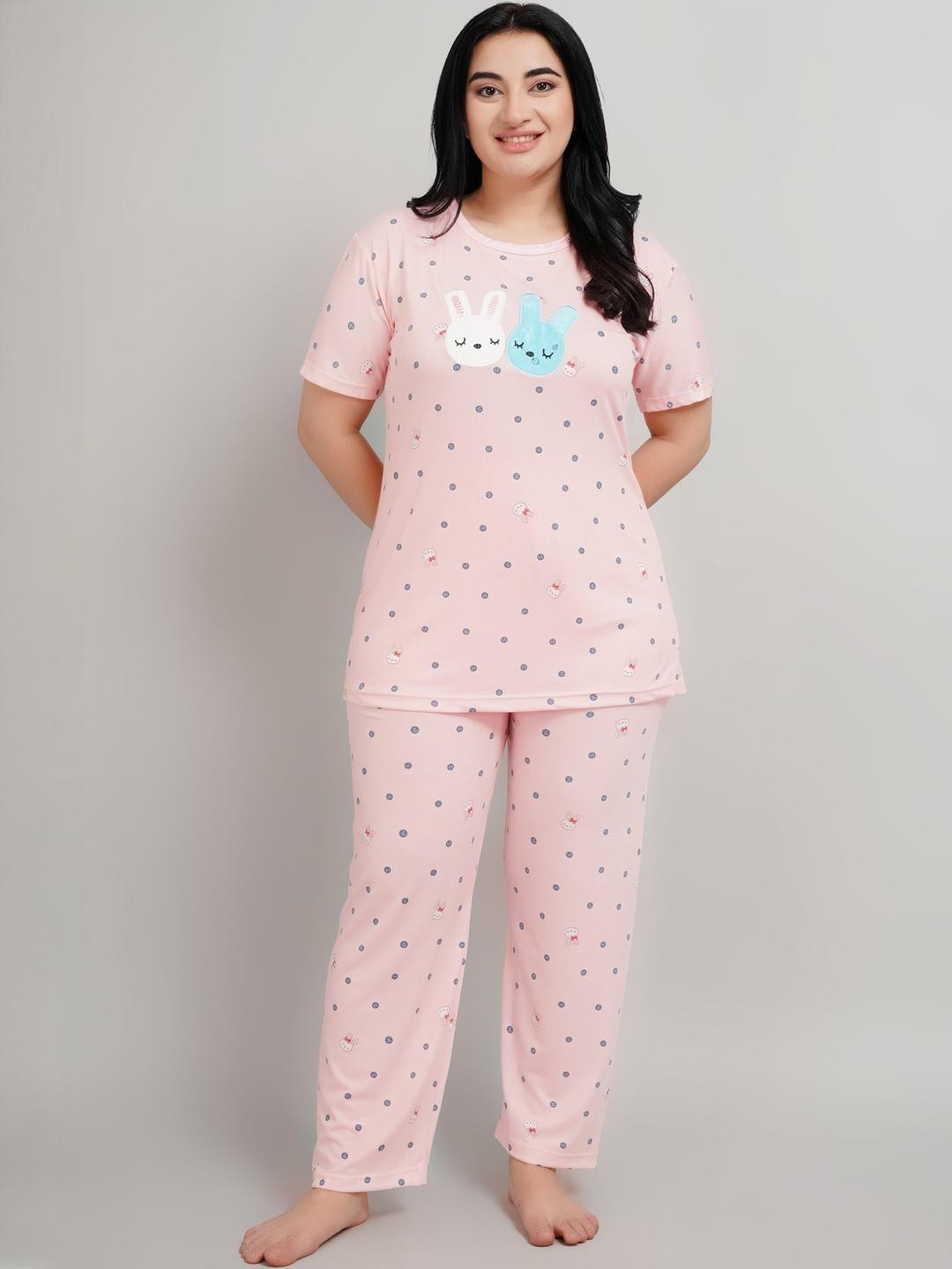 FITIN OUTFIT Pink Polka Dot Printed Night suit