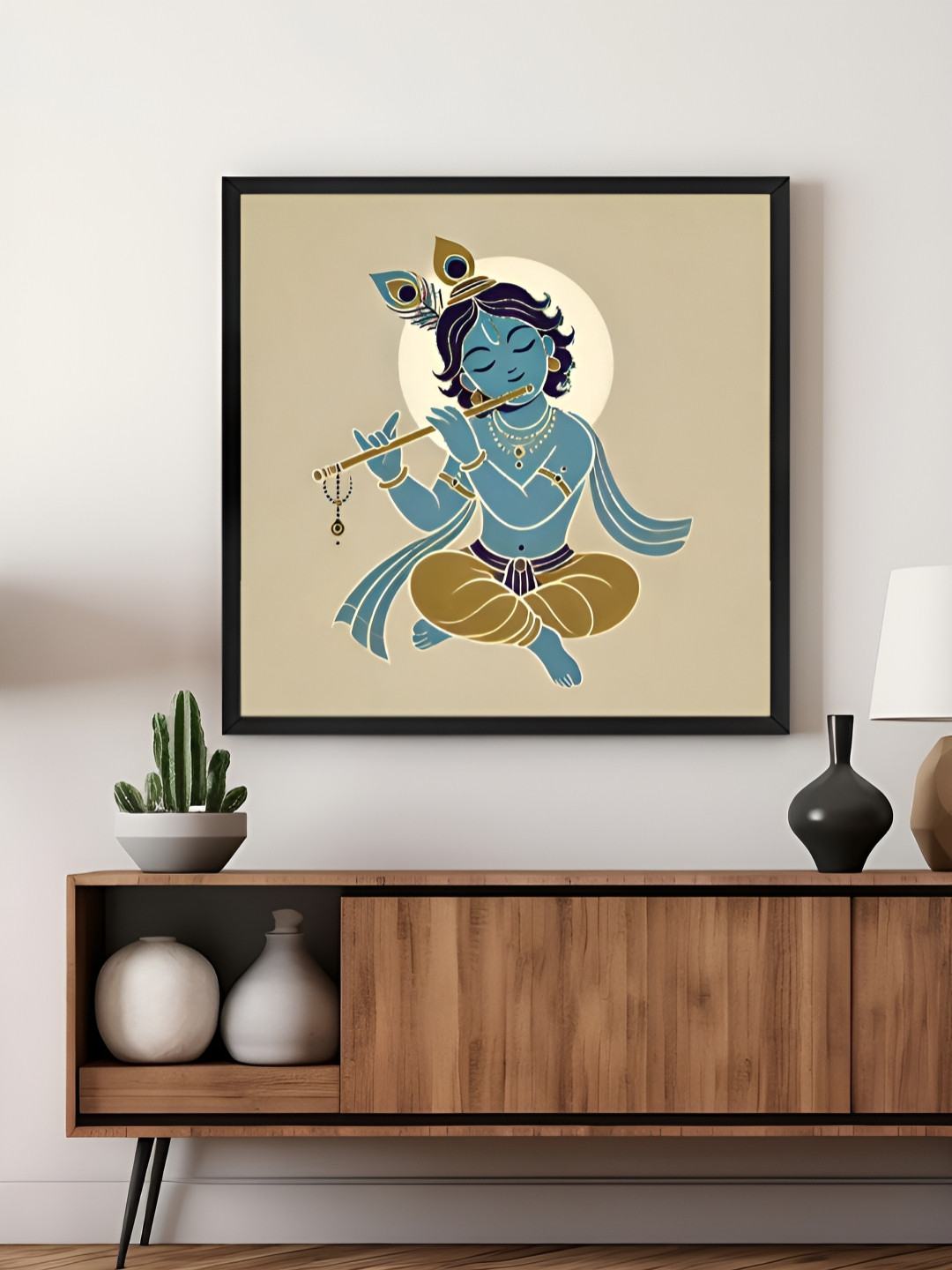 999Store Off White & Blue Baby Krishna Religious Canvas Wall Art
