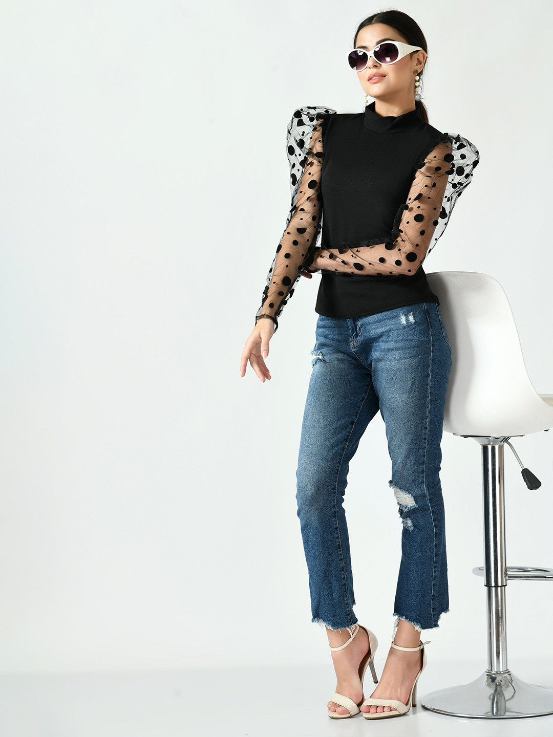 Brainbees Women Semi Sheer Puff Sleeve Fitted Top