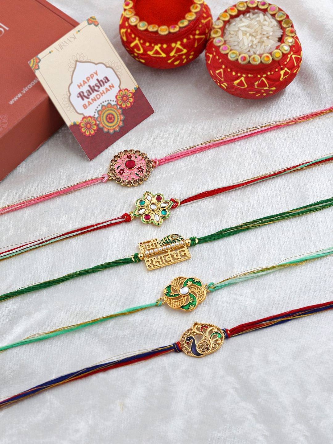 VIRAASI Set Of 5 Threaded Rakhis With Roli & Rice