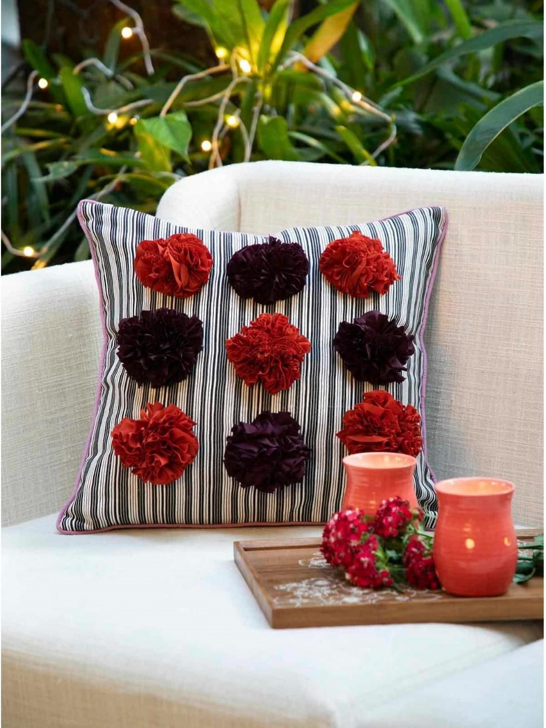 FREEDOM TREE Munun Red & Grey Striped Embellished Square Cushion Cover