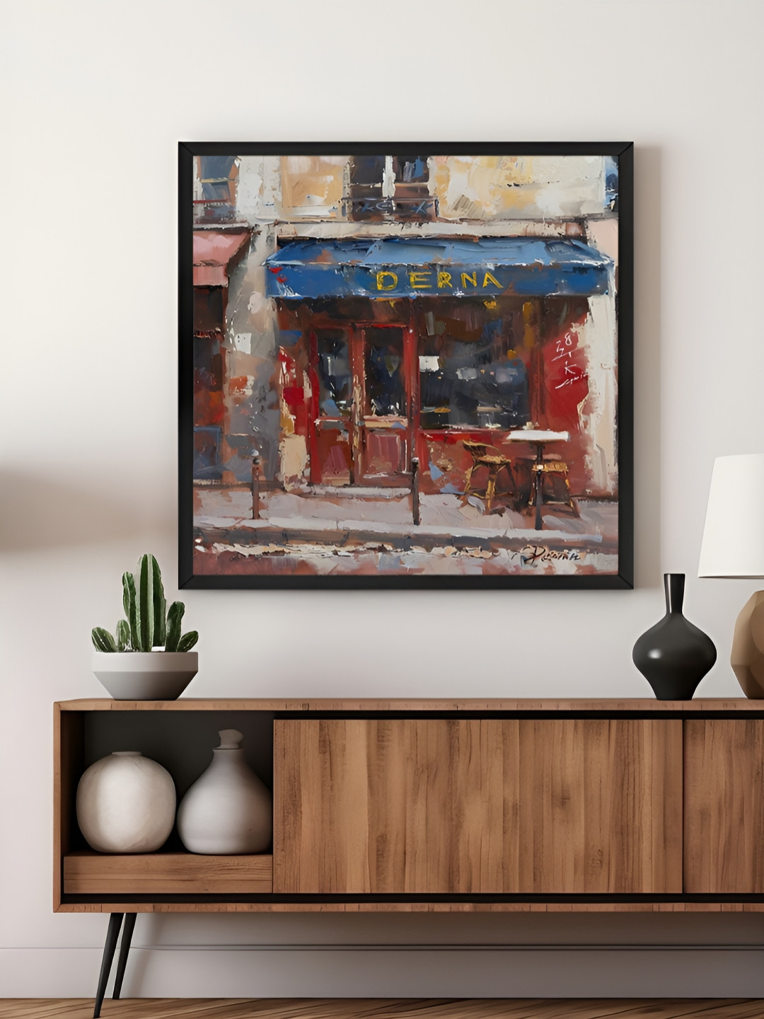 999Store Red & Blue Cafe Street Scene Canvas Wall Art