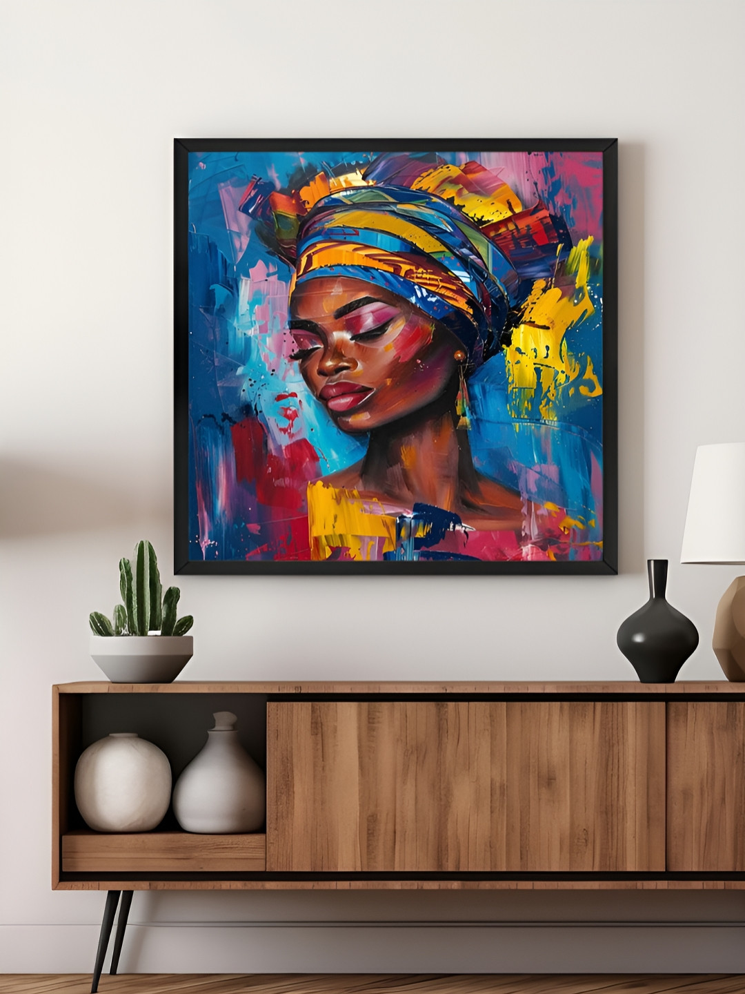 999Store Blue & Yellow Women Printed Canvas Wall Art