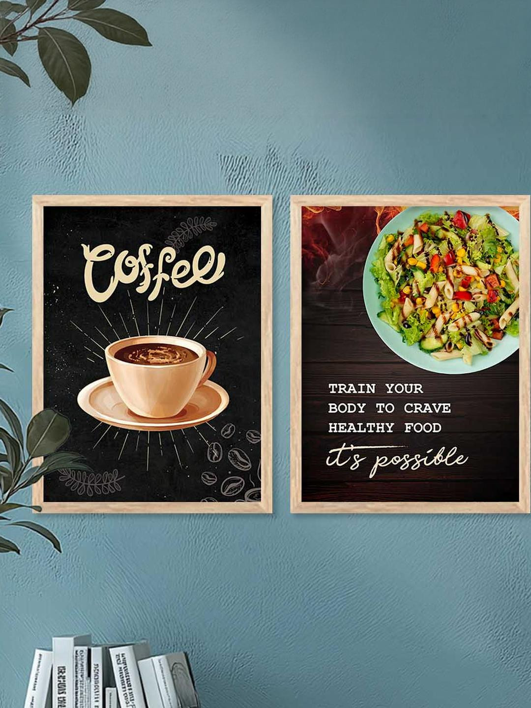 WALLLANE Brown 2 Piece Restaurant Wall Art Poster With Wooden Frame Wall Paintings